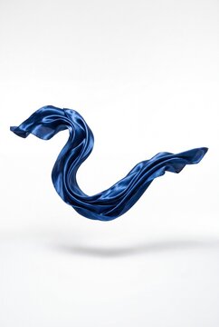 Elegant blue satin silk fabric flowing in mid-air against a clean white background, showcasing smooth texture and luxury design