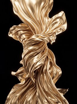 Elegant flowing golden fabric twisting against a pitch black background, luxury metallic satin cloth abstract 3D render