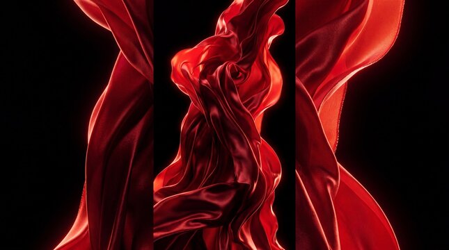 Elegant dynamic red silk fabric flowing and floating against a dark black background creating luxurious curves and folds
