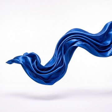 Abstract flowing deep blue silk satin fabric fluttering gracefully in the air isolated on a clean white background, showcasing smooth elegant waves and luxurious texture