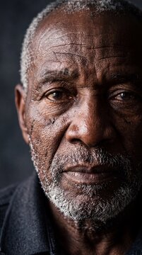 Close-Up Portrait of a Wise Elderly African American Man with Deep Wrinkles and Serious Expression