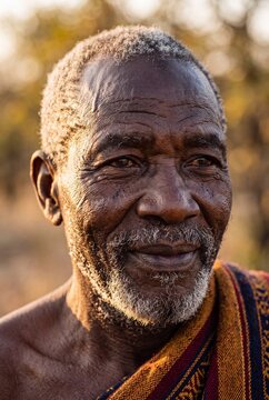 Close up portrait of an elderly African man with gray hair and beard smiling gently in warm golden light outdoors