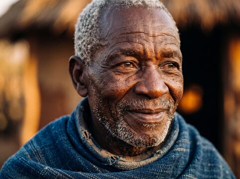 Close up portrait of a wise elderly African man smiling gently in a rural village setting during golden hour lighting