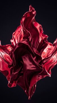 Elegant flying red silk satin fabric floating in motion against a dark black background representing luxury and smooth dynamic texture