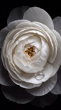 Macro photograph of a delicate white peony flower with a clear water droplet resting on a petal against a dark background