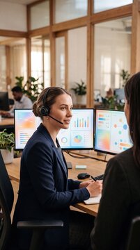 Professional businesswoman wearing a headset discussing data analytics with a colleague at a modern desk in an office