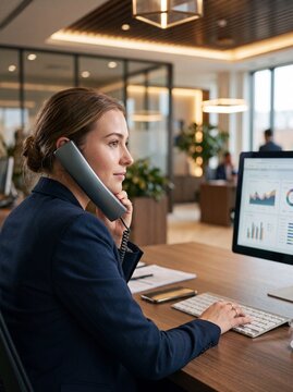 Professional young businesswoman talking on telephone handset while analyzing financial charts on computer monitor at modern office desk