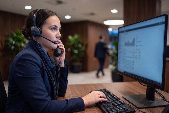 Focused female customer support agent working at desk with headset and phone receiver in a modern corporate office