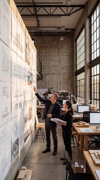 Architects reviewing modern building blueprints on a large wall in a spacious industrial studio office