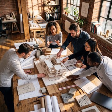 Diverse Team of Creative Architects Collaborating on Building Model and Project Blueprints in Industrial Design Studio