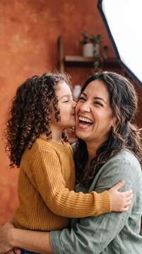 Cute curly-haired young girl kissing her happy laughing mother on the cheek at home during a joyful moment together