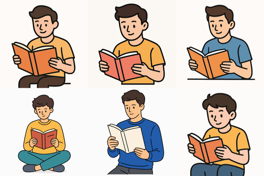 Men Reading Books Collection &ndash; Cartoon Male Reader, Study, Learning, Education and Book Lover Vector Set
