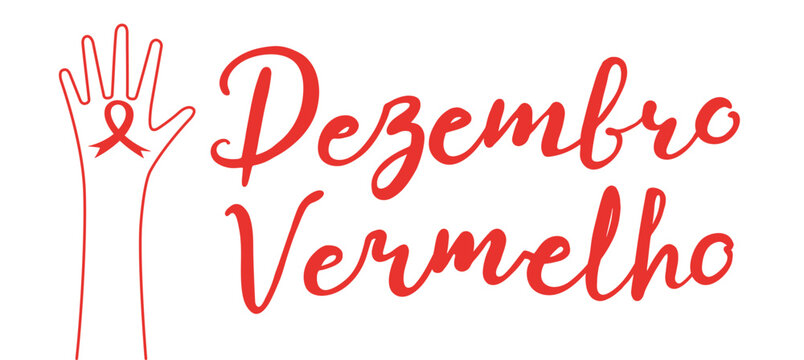 Dezembro Vermelho lettering quote, hand holding red ribbon illustration isolated. Portuguese text Red December. Hand drawn vector. AIDS, HIV, sexually transmitted disease awareness campaign in Brazil
