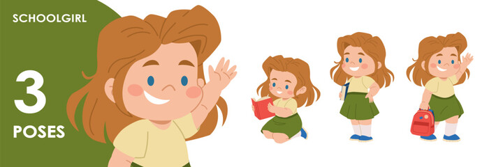 A cute, cheerful girl character. Happy girl in kindergarten, elementary school, middle school. Cartoon character student in 3 poses.