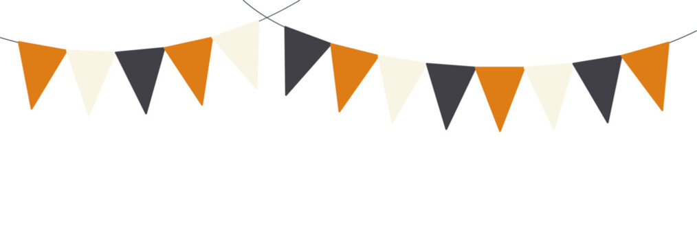 Halloween festive orange, black, white bunting, flags illustration. Decorative border, bunting, garland, festive banner. Autumn holiday design element. Vector clip art on transparent background