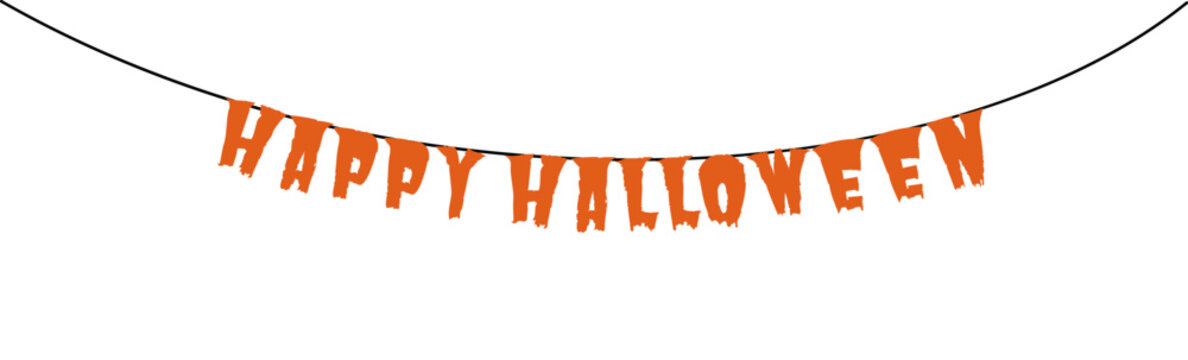 Happy Halloween orange text, letters, quote hanging on string illustration isolated. Autumn holiday card, invite, banner design element. Vector clip art on transparent background
