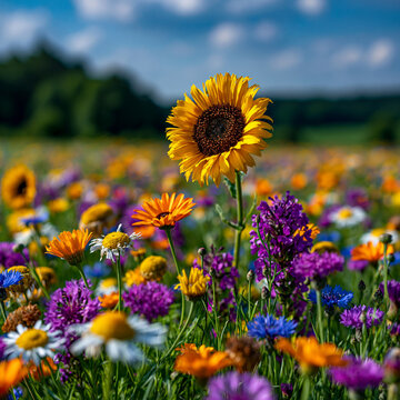 Bright sunflower standing out in a colorful wildflower field meadow with sunflower