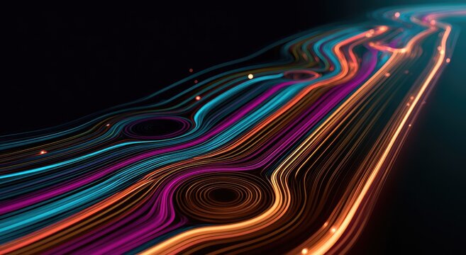 Abstract swirling colorful light streams flow into darkness with glowing particles