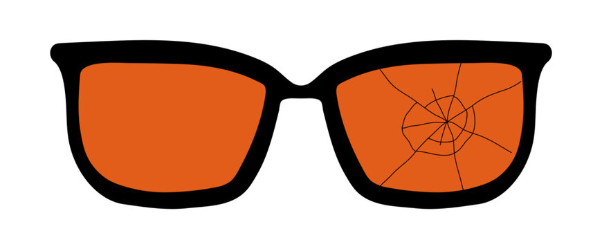 Eye glasses, spectacles in vintage frame with orange lenses, one lens cracked illustration isolated. Halloween costume accessory. Holiday clip art, design element. Hand drawn vector