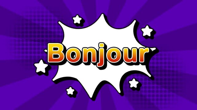 Bonjour text word lettering popup comic cartoon reveal with bomb and smoke explosion manga anime book page dots with radial speed lines doodle violet background with seamless loop animation retro