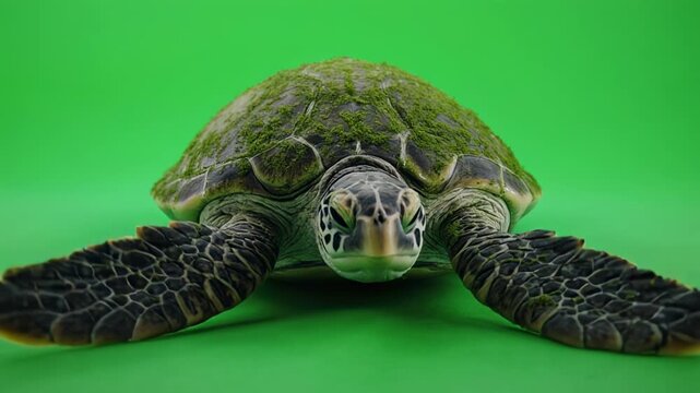 Green sea turtle moving flippers on chroma key background close-up cinematic motion