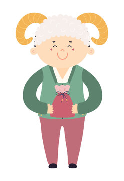 Cute boy in sheep hat, holding traditional Korean gift character isolated. Hand drawn cartoon vector illustration. Flat design. Seollal holiday card, poster, banner element