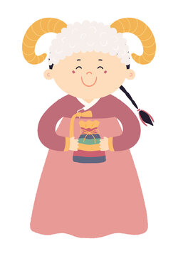 Cute girl in sheep hat, holding traditional Korean gift character isolated. Hand drawn cartoon vector illustration. Flat design. Seollal holiday card, poster, banner element