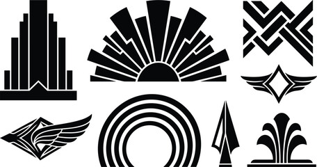Fototapeta premium Vintage Art Deco Ornament Set with Geometric Fan Sunburst Skyscraper Wings Rainbow and Classic Retro Silhouette Architecture Design Elements