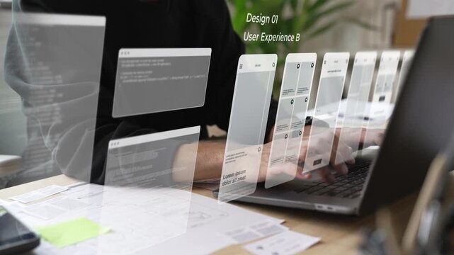 A male designer working on website prototype, in UX UI concept design and development for a website and mobile app prototype, with hologram interface