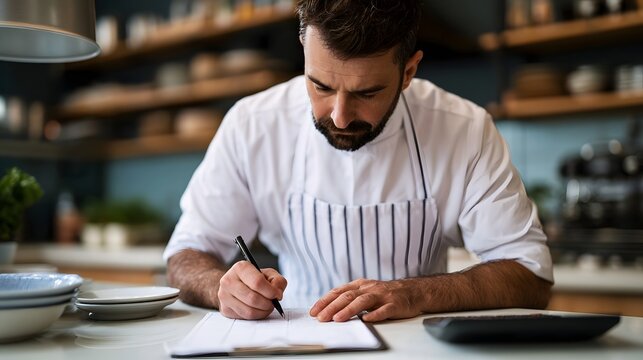 A chef in a white uniform and striped apron is writing on paper at a kitchen counter with plates and a calculator nearby