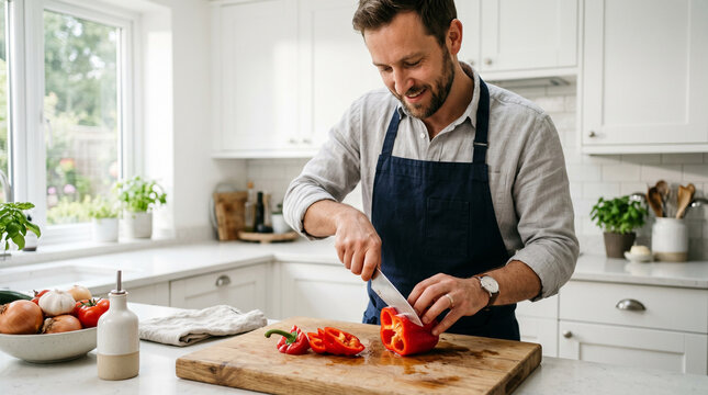 Man chopping red bell pepper on wooden cutting board in kitchen  