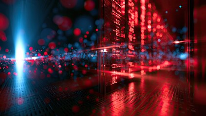 Fototapeta premium Abstract digital data streams, glowing particles, and bright light effects