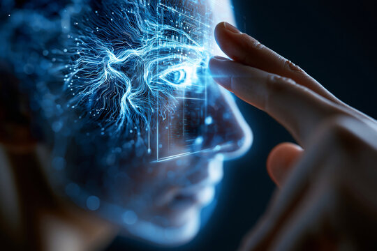 Hand ber&uuml;hrt gl&uuml;hendes Gehirn-Symbol mit digitalen Neuronenverbindungen