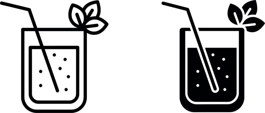 Refreshing summer cocktail outline and silhouette vector icons with straw and mint leaves garnish set