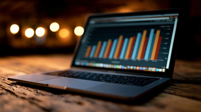 Laptop computer displaying business growth bar graphs on wooden table with business