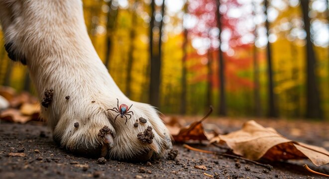 Close up photo of a tick creeping on a dog paw during an autumn forest walk at sunset time period.