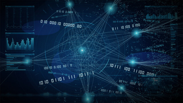 Futuristic big data network visualization with glowing nodes, binary code, analytical charts and interconnected digital streams on a dark technology background.