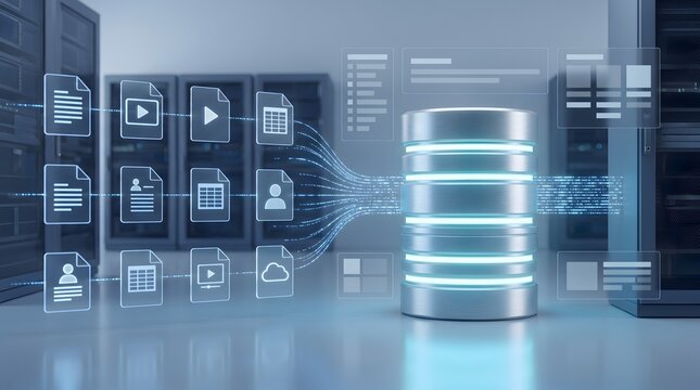 Cloud data migration concept with digital file icons flowing into glowing database cylinder in modern server room infrastructure