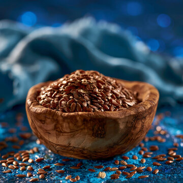 Brown flax seeds in rustic wooden bowl on blue background with superfood, nutrition