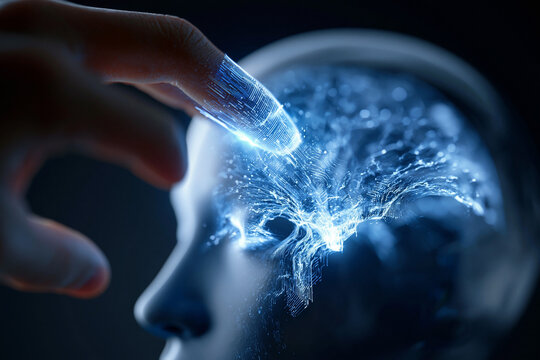 Hand ber&uuml;hrt gl&uuml;hendes Gehirn-Symbol mit digitalen Neuronenverbindungen