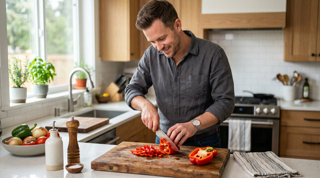 Man chopping red peppers while cooking in a modern kitchen  
