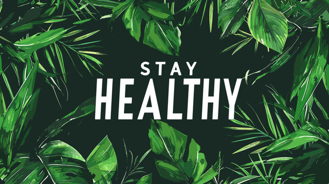 Bold Stay Healthy Message on Vibrant Green Tropical Leaf Background Vector Illustration