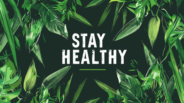 Bold Stay Healthy Message on Vibrant Green Leaf Background Vector Illustration