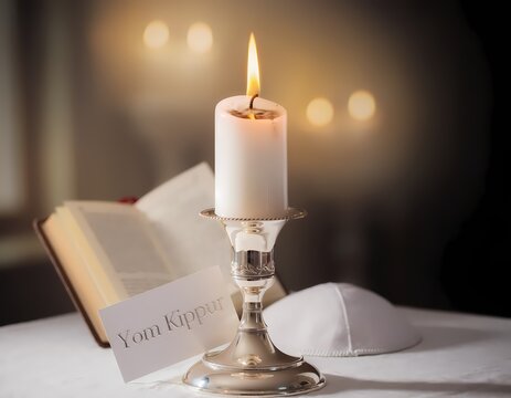 A lit white yom kippur candle stands in a silver candlestick with a book and card on a draped table burning wax