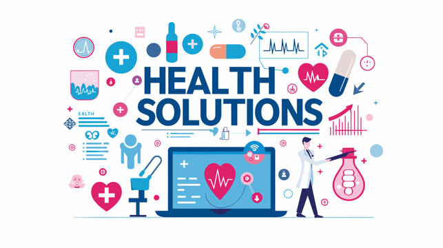 Healthcare Solutions Vector Illustration with Medical Icons and Bold Text on Digital Screen