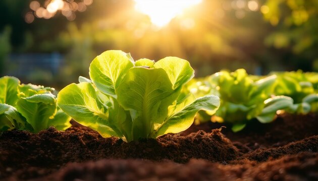 fresh lettuce plants growing in a garden with sunlight
