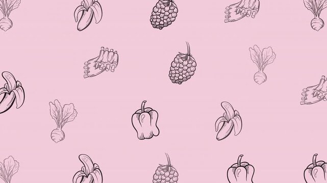 Animated seamless tropical fruit doodle pattern on pastel pink background