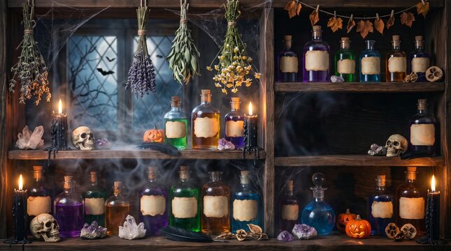 Mystical apothecary shelf filled with glowing magic potions dried herbs with glowing colorful potion skulls crystals hanging displays rustic wooden potion bottles human herbs dark magical alchemy