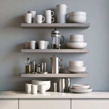 White ceramic tableware and metal kitchenware arranged on minimalist floating shelves