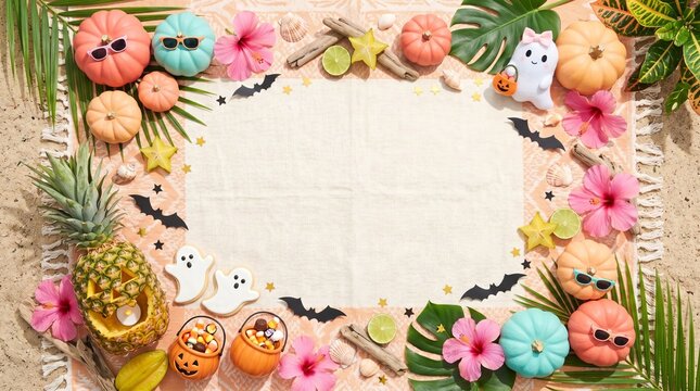 Tropical halloween flat lay background with pastel pumpkins flowers and festive beach party decor with palm leaves arranged sandy beach displays vibrant tropical flowers ghost ornaments celebration